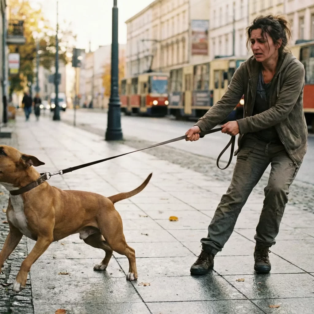 Pies szczeka na smyczy, zestresowany właściciel na spacerze.