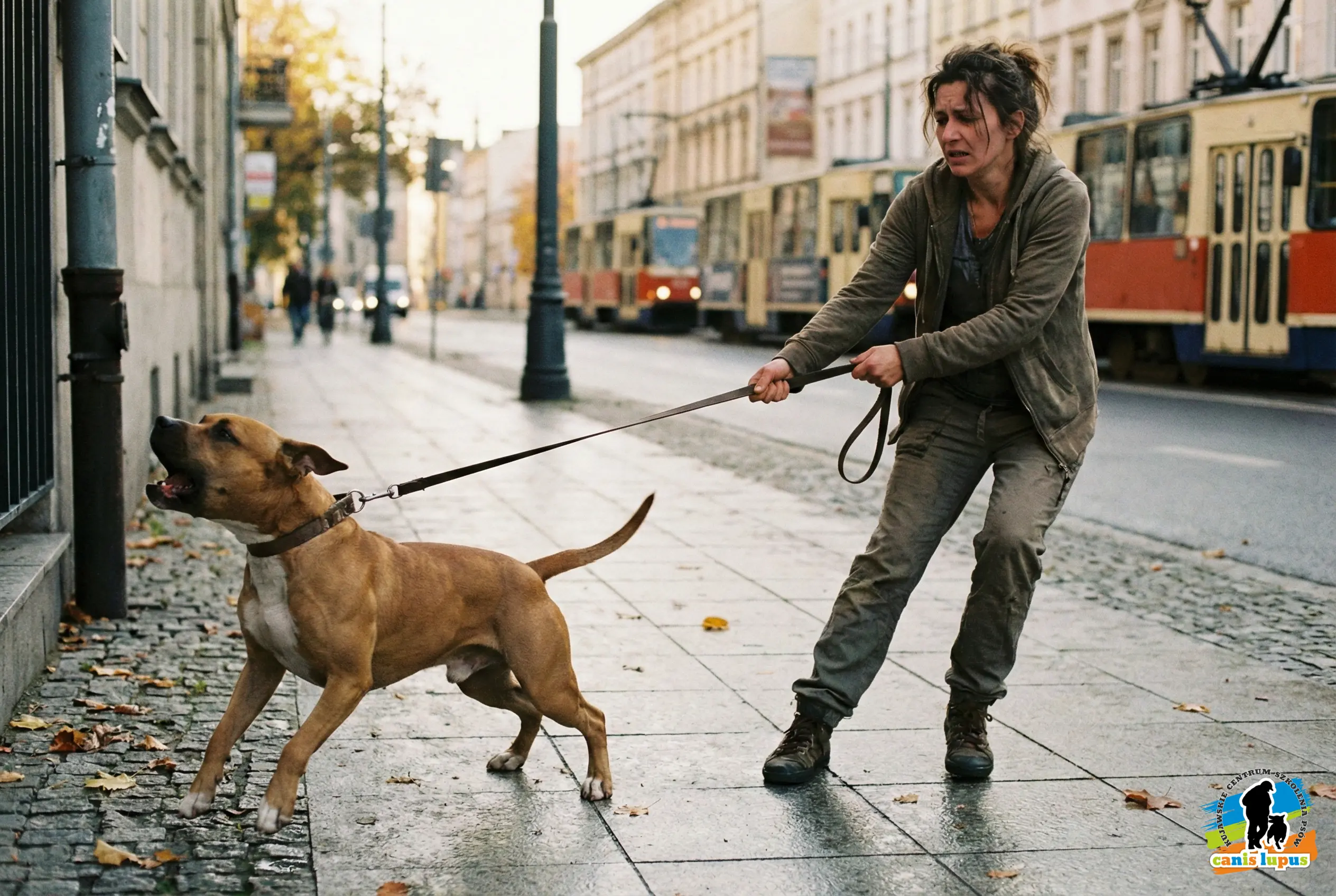 Pies szczeka na smyczy, zestresowany właściciel na spacerze.