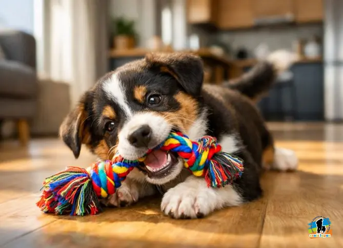 Szczeniak który gryzie odpowiednią zabawkę